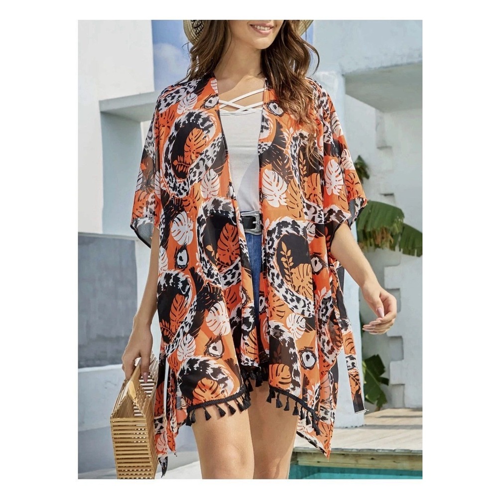As Rose Rich Orange‎ Tropical Monstera Tassel Kimono Cover Up XL 16/18 New